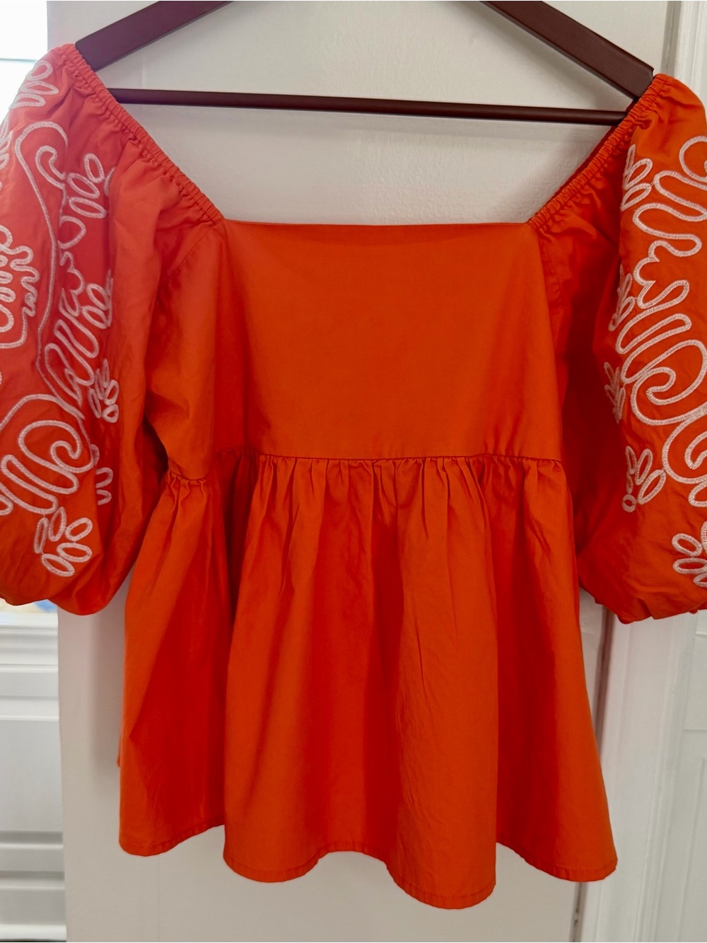 THML Bright Orange Off-Shoulder Peasant Top with White Embroidery